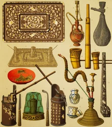 Pfeife und Gegenstände, die von Rauchern verwendet werden, Lithographie von Schmidt aus Die vollständige Kostümgeschichte, erster Band, von Auguste Racinet