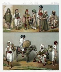 Volkskostüme aus Algerien und Tunesien. Illustration in „Le costume historique“ von Racinet