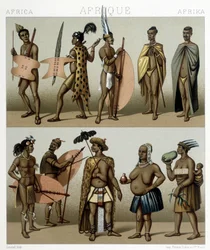 Traditionelles Cafrerie-Kostüm (südlicher Teil Afrikas). Illustration in „Le costume historique“ von Racinet