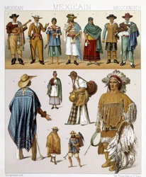 Traditionelle mexikanische Kostüme. Illustration in „Le costume historique“ von Racinet
