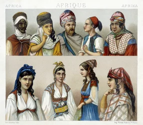 Traditionelle Trachten und Kopfbedeckungen von Männern und Frauen in Algerien. Illustration in „Le costume historique“ von Racinet