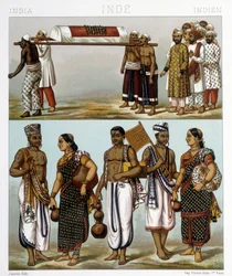 Traditionelle Kostüme von Muslimen (oben im Bild) und Hindus (unten) in Indien. Illustration in „Le costume historique“ von Racinet