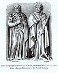 Zwei Druiden, einer trägt den Halbmond des sechsten Tages des Mondes, nach einem römischen Denkmal des zweiten Jahrhunderts, Illustration aus Wissenschaft und Literatur im Mittelalter und der Renaissance, geschrieben von Paul Lacroix