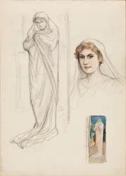 Aino Ackté als Alcestis, Skizze des Gesichts und zwei Ganzkörperskizzen