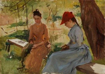 Mädchen beim Binden von Girlanden (die Schwestern des Künstlers, Annie und Berta, beim Binden von Girlanden), Studie