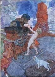Er nahm eine glühende Kohle und legte sie auf Grimes Kuchen, aus The Water Babies, veröffentlicht von Humphrey Milford Oxford University Press, ca. 1930