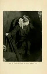 Eva Carrière erzeugt Ektoplasma, Paris, 8. Mai 1912, aus „Materialisations-Phänomene: Ein Beitrag zur Erforschung der mediumistischen Teleplastie“ von Albert von Schrenck-Notzing