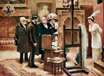 Ein Maler zeigt sein Gemälde, ca. 1920