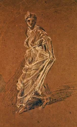 Studie eines Mädchens, das vorwärts schreitet und ein langes Kleid trägt, ca. 1870