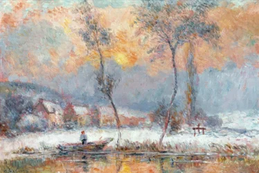 Sonnenaufgang, durch den Schnee, über dem Teich von Chalou-Moulin