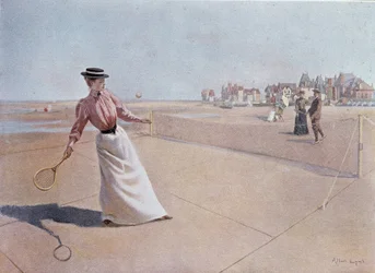 Amateur-Tennismatch am Strand - Zeichnung von Lynch, 20. Jahrhundert