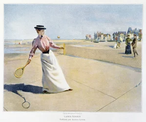 Teil einer Partie Rasentennis an einem Strand (Normandie?), illustriert von Albert Lynch