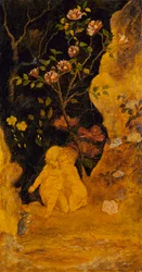 Paneel für einen Bildschirm: Kinder erschreckt von einem Kaninchen, ca. 1876