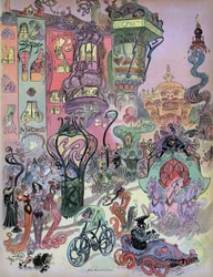 Vorausschau auf den modernen Stil von Paris durch den Designer Albert Robida. In dieser schönen Zeichnung sehen wir Robidas Einfluss auf die Schöpfer von Comics aus den Jahren 1960-1980, insbesondere Fred (Othon Aristides, „Abenteuer von Philemon“) und For