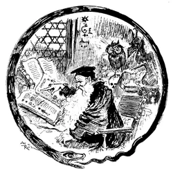 Alchemist, der unter den Augen einer Eule und eines Dämons seine Grimoires (magische - kabbalistische Formeln) konsultiert - der Rahmen des Bildes wird von einer Schlange gebildet, die sich in den Schwanz beißt - Initiale in Form des Buchstabens O