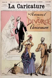 Ehepaar heiratet und lässt sich dann scheiden, „Das Scheidungsmanual“ von Chicaneau, Illustration von Albert Robida (1848-1926), Titelbild „Die Karikatur“, 30.04.1887.