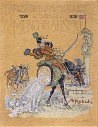 Titelblatt von „Geschichten und Abenteuer des Baron von Münchhausen“ illustriert von A. Robida (1848 - 1926).