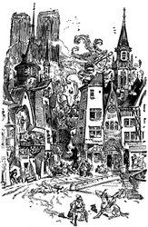 Riese Gargantua geht durch Paris und sät Panik und Zerstörung auf seinem Weg. Er lernt, auf die Kathedrale Notre Dame de Paris zu spucken, deren Türme im Hintergrund zu sehen sind. Mit diesem Spucken werden mehr als 3000 Pariser ertrinken! Illustration