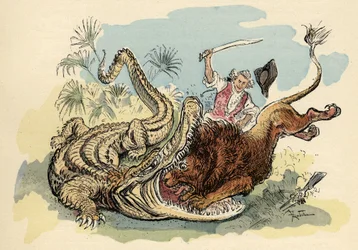 Illustration von Albert Robida in „Geschichte und Abenteuer des Baron von Münchhausen“, H. Laurens Ed., Ende des 19. Jahrhunderts