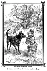 Rotkäppchen, mit seinem Kuchen und Buttertopf, trifft den Wolf. Zeichnung von Albert Robida (1848-1926) in einem Kinderlesebuch 1920-1930