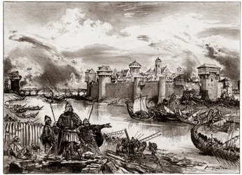 Die Wikinger, normannische Piraten unter dem Kommando ihres Anführers Siegfried, belagern Paris (Gravur)