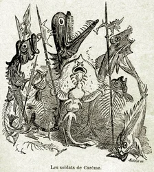 Die Armee von Quaresmeprenant. Soldaten sind als Fische dargestellt, von denen einige nur die Gräten haben, in Anspielung auf Caremes mageres (junges) Mahl. Illustration von Albert Robida (1848-1926) für eine Episode des Vierten Buches von Francois Rabelai