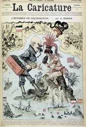 Die Kolonialisierungsepidemie: antikolonialistisches Zeichnen von Robida - in „La Caricature“ vom 31.10.1885