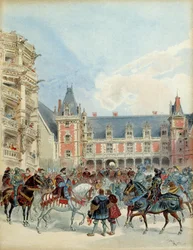 Der Hof von Franz I. (1494-1547) im königlichen Schloss von Blois, vor 1524. Illustration