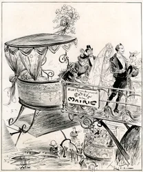 Hochzeit der Zukunft: Ein Paar kommt in einer Gondel an und betritt den Luftweg zum Rathaus im 42. Arrondissement von Paris