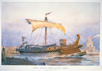 Römisches kaiserliches Schiff verlässt den Hafen, ca. 1930 (Farblithografie)
