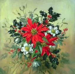AB130 Ein Weihnachtsarrangement mit Stechpalme, Mistel und anderen Winterblumen