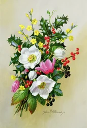 Zweig von Hundsrose, Stechpalme, Mistel und Rittersporn