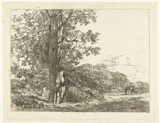 Landschaft mit großer Buche und Reiter im Gespräch mit einem Mann