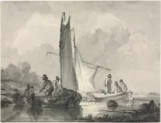 Flusslandschaft mit Fischer und drei Booten