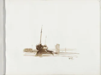 Segelschiff vor Anker vor einer Küste