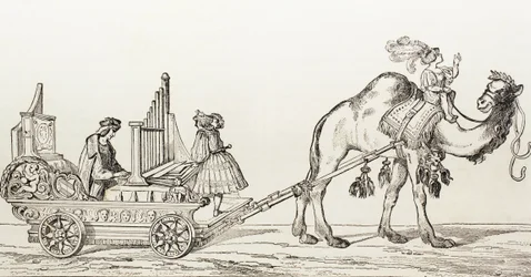 Der Organist Paul Hoffaner spielt in einer von einem Kamel gezogenen Kutsche, ca. 1880 (Gravur)