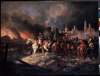 „Der Brand von Moskau am 15.09.1812“. Der Gouverneur der Stadt, Graf Rostoptschin, lässt die Stadt in Brand setzen, als die Truppen Napoleons I. eintreffen. Kaiser Napoleon I. (1769-1821) vor dem brennenden Moskau, rechts erstreckt sich der Kreml.