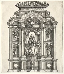 Großer Altar mit der Jungfrau, in einem Rahmen mit den Heiligen Christophorus, Georg, Barbara, Katharina, 1520