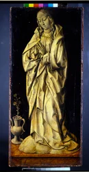 Ehemals die Flügel eines Triptychons, ein Paar, weibliche Figuren, die Weisheit und Großzügigkeit personifizieren, mit der Verkündigung