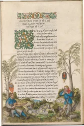 Pastorale Landschaft mit Hirten, die eine Viola und Panflöten spielen