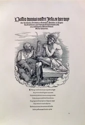 Ein römischer Soldat verspottet Christus, mit dem Namen des Künstlers in lateinischer Sprache oben und unten ein Gedicht, das den Menschen für seine Sünden tadelt, Titelblatt zur Serie Die Große Passion, veröffentlicht 1511