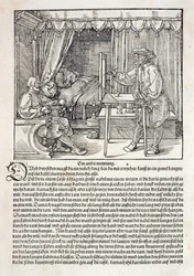 Künstler benutzt Dürers Zeichenmaschine, um eine Figur zu malen, aus 