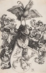 Wappen mit einem Löwen und einem Hahn