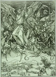 Die Apokalypse (lateinische Ausgabe): Der heilige Michael bezwingt den Drachen (Bartsch 72)