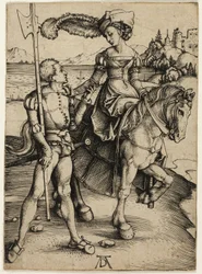 Dame zu Pferd und Landsknecht