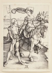 Dame zu Pferd und Landsknecht