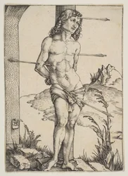 Der heilige Sebastian an die Säule gebunden