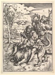 Samson zerreißt den Löwen, ca. 1497-1498