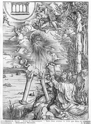Szene aus der Apokalypse, St. Johannes verschlingt das Buch, lateinische Ausgabe, 1511