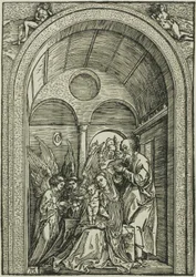 Die Heilige Familie mit zwei Engeln in einer gewölbten Halle